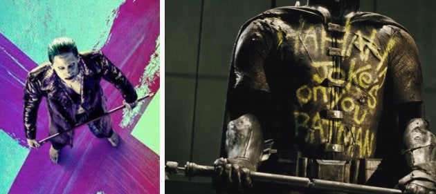 (L) Jared Leto on "Suicide Squad" poster. (R) Scene from "Batman v Superman."