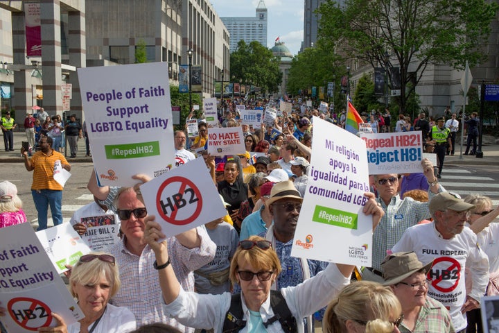 Demonstrators call for for the repeal of HB2 in Raleigh, North Carolina, on Monday, April 25, 2016.