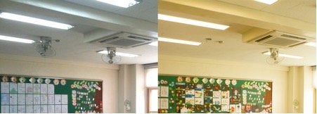 Figure 4 in the study, which shows the original fluorescent lighting (left) replaced with tunable LEDs (right).