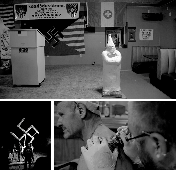 The stage at the Georgia Peach Oyster Bar; a white nationalist gets tattooed during the Aryan Nationalist Alliance unification party; white nationalists prepare for a swastika-lighting ceremony.