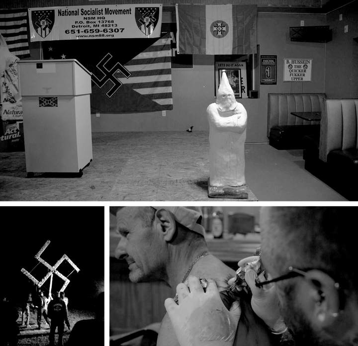 The stage at the Georgia Peach Oyster Bar; a white nationalist gets tattooed during the Aryan Nationalist Alliance unification party; white nationalists prepare for a swastika-lighting ceremony.