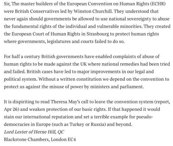 <strong>Lord Lester's letter to The Times about Theresa May's suggestion that Britain could not only abolish the HRA but leave the European Convention on Human Rights</strong>