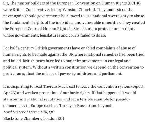 Lord Lester's letter to The Times about Theresa May's suggestion that Britain could not only abolish the HRA but leave the European Convention on Human Rights