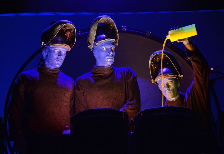 The Blue Man Group is seen performing in Singapore, March 31, 2016. Police say someone made off with their costumes following a performance in Kansas this week.
