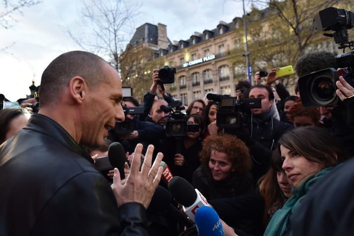 Ex-Greek finance minister Yanis Varoufakis appears at an encampment of protesters in Paris opposed to neoliberal labor reforms. He believes the EU is undemocratic in its current form.