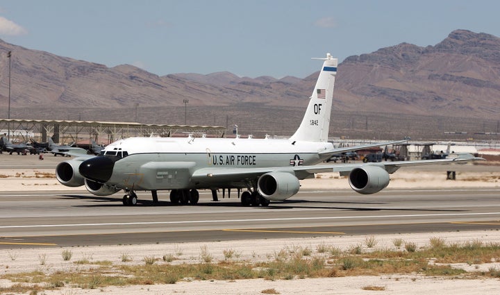 United States Air Force RC-135 RIVET JOINT aircraft takes off from Nellis Air Force Base while participating in the Joint Expeditionary Force Experiment 2006 April 25, 2006 in Las Vegas, Nevada.