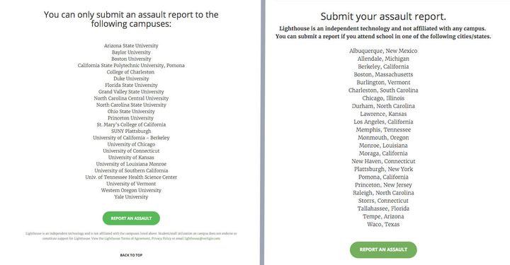 At left, a screenshot of the campuses Lighthouse listed on its website. At right, a more recent screenshot of the same page, updated by the website's CEO to list cities instead of campuses.