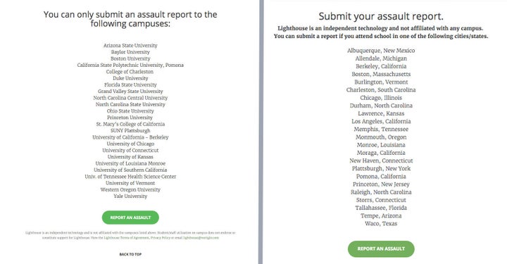 At left, a screenshot of the campuses Lighthouse listed on its website. At right, a more recent screenshot of the same page, updated by the website's CEO to list cities instead of campuses.