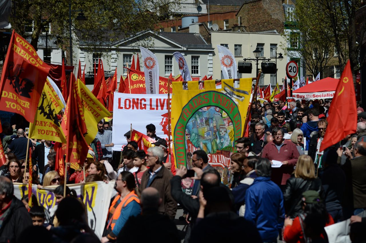 Thousands march to Trafalgar Square in central London, to celebrate workers' achievements at a May Day rally where Jeremy Corbyn condemned anti-Semitism.