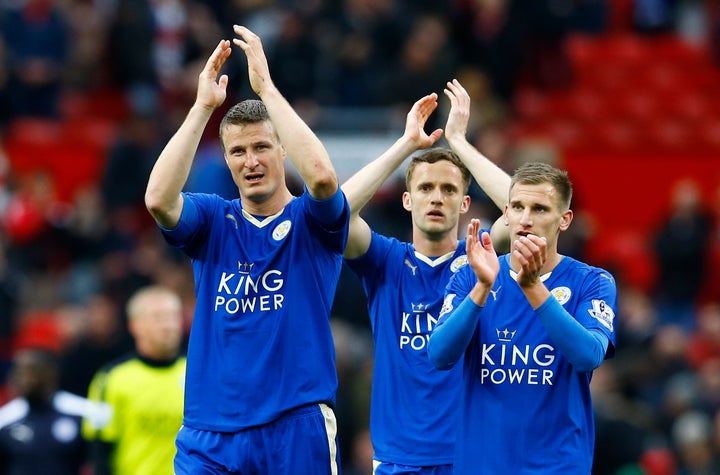 Leicester City's Robert Huth applauds the fans at the end of the game.