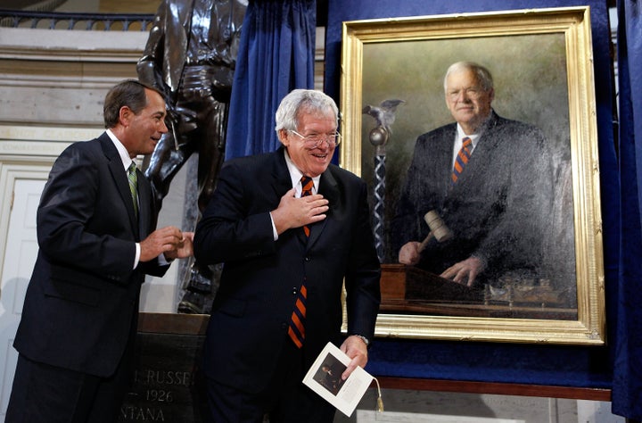 Former Speaker of the House Dennis Hastert, right, and Minority Leader John Boehner (R-Ohio), left, during the unveiling of H