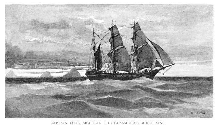 A wood engraving showing the HMS Endeavour off Australia. 