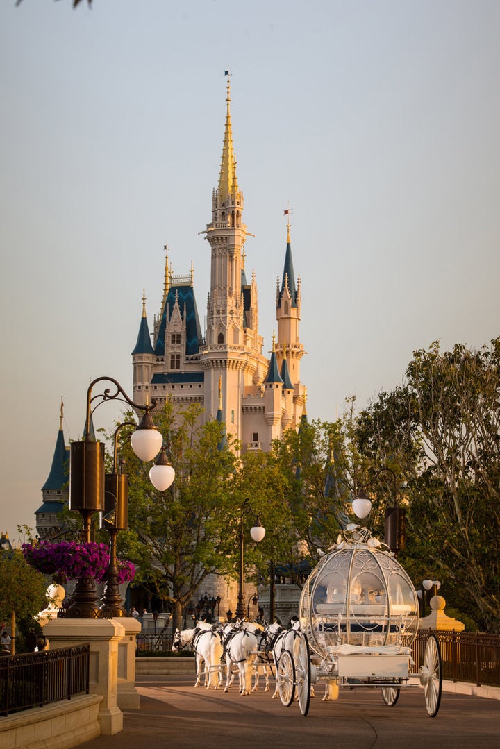 Brides can take Cinderella’s coach to East Plaza Garden for their grand entrance -- for a fee.