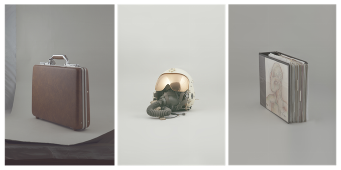 L-R: Suitcase containing material from the UFO crash site in Roswell; former CIA pilot John Lear's helmet; and a book with drawings of encounters.