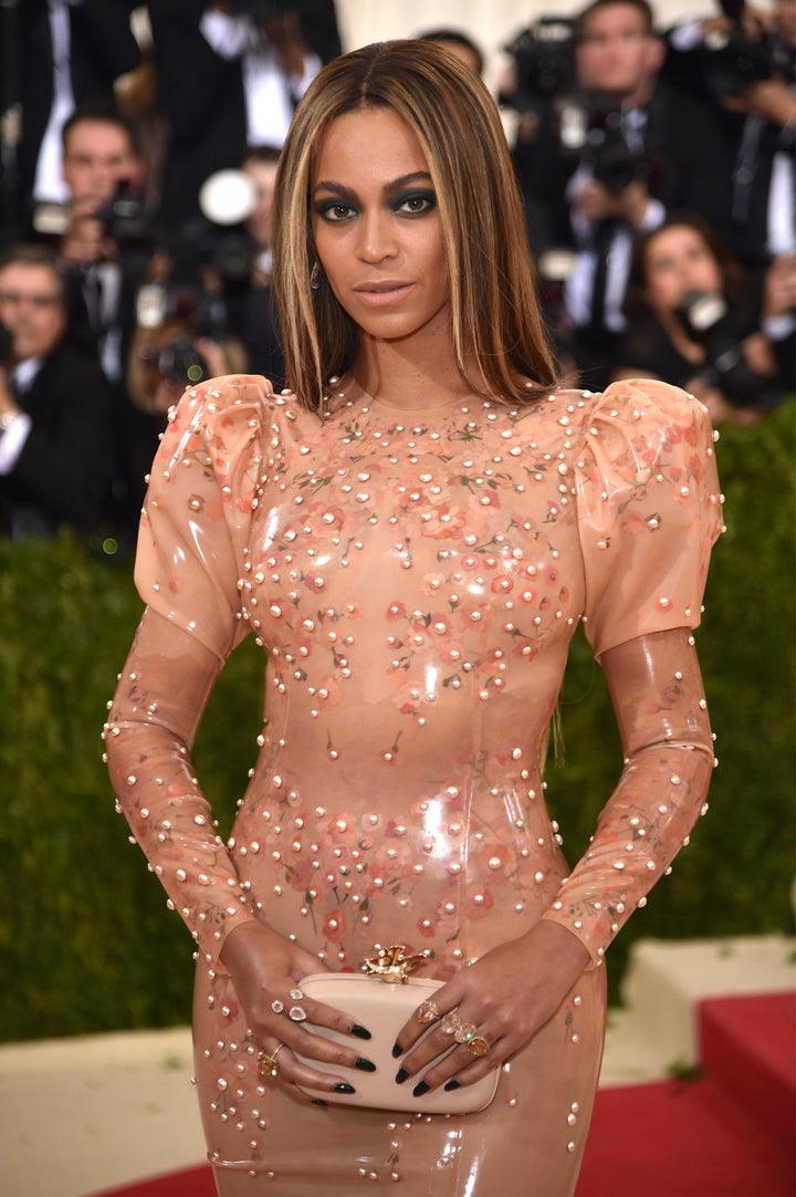 Up-close view of Beyonce's latex gown at the Met Gala. 