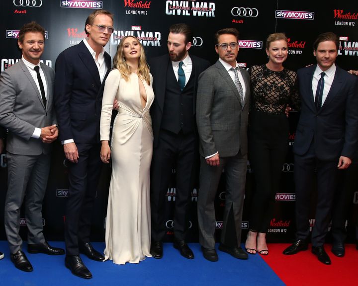 <strong>Paul (second left) with the rest of his A-list 'Captain America: Civil War' cast</strong>