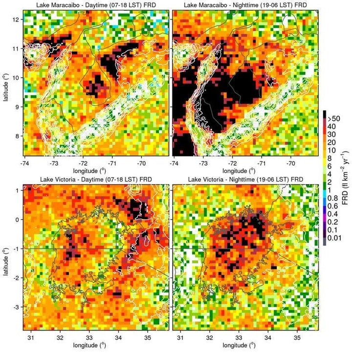 See the daytime and nighttime lighting flash rate densities at Lake Maracaibo in Venezuela (top) and Lake Victoria in Africa (bottom).