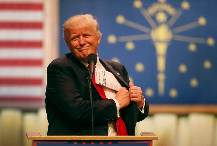 Republican presidential candidate Donald Trump speaks during a campaign stop at the Palladium at the Center for the Performing Arts on May 2, 2016 in Carmel, Indiana.