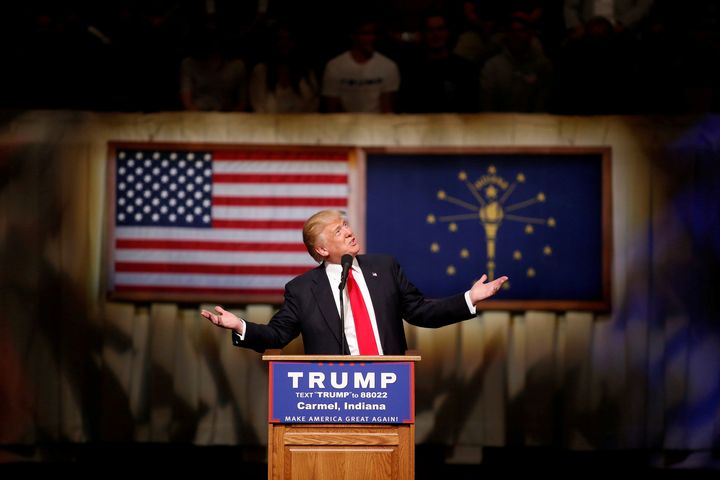 Donald Trump speaks at a campaign event at The Palladium at the Center for Performing Arts in Carmel, Indiana, U.S. May 2, 2016.