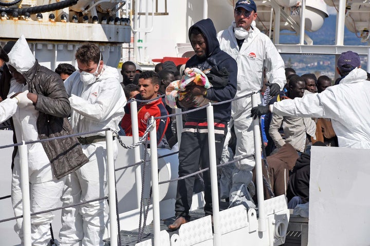 Migrants from West Africa, especially Nigerians, and the Horn of Africa dominate the Libya-Italy route. People arrive in Sicily after a rescue operation by the Italian Coast Guard. 