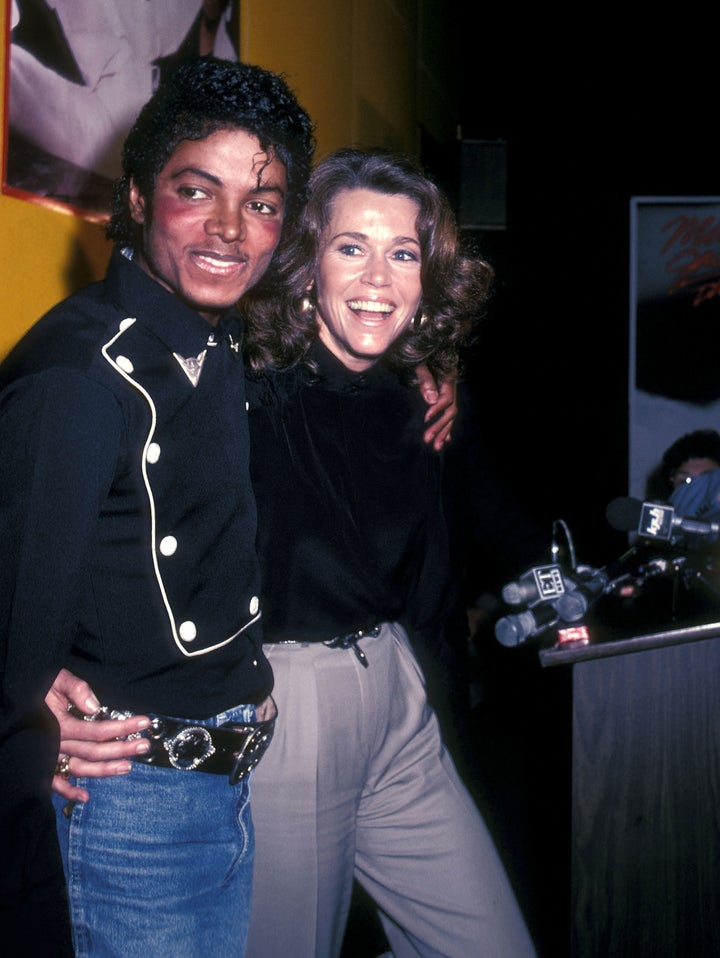 Michael Jackson and Jane Fonda attend the presentation of Michael Jackson's 'Thriller' album certified platinum on Feb. 