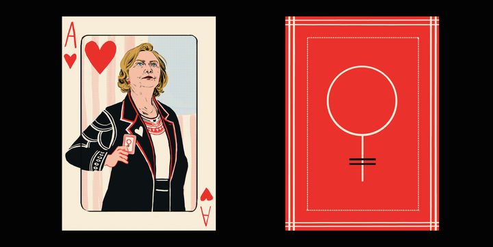 Hillary Clinton is the "Ace," while the back of the cards feature the symbol for "woman." The Woman Card[s] indeed.