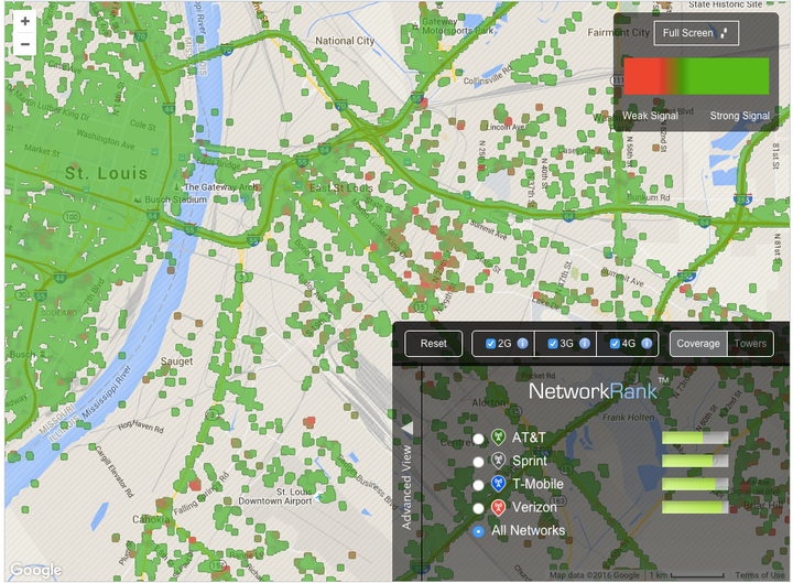 OpenSignal maps mobile coverage in the U.S. and Europe. This map shows mobile coverage in East St. Louis, Illinois, a low-income suburb of St. Louis, Missouri. Green indicates a strong wireless signal, while red indicates a weak signal. Areas with no signal are not colored.