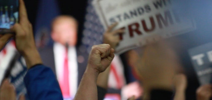 People cheer Donald Trump at a rally in Harrisburg, Pennsylvania.