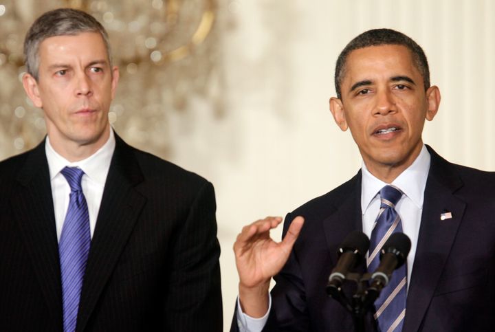 President Barack Obama and Secretary of Education Arne Duncan in 2012. One of Duncan's last acts before leaving office in 2015 was reappointing James Runcie, despite various student loan issues during his tenure.