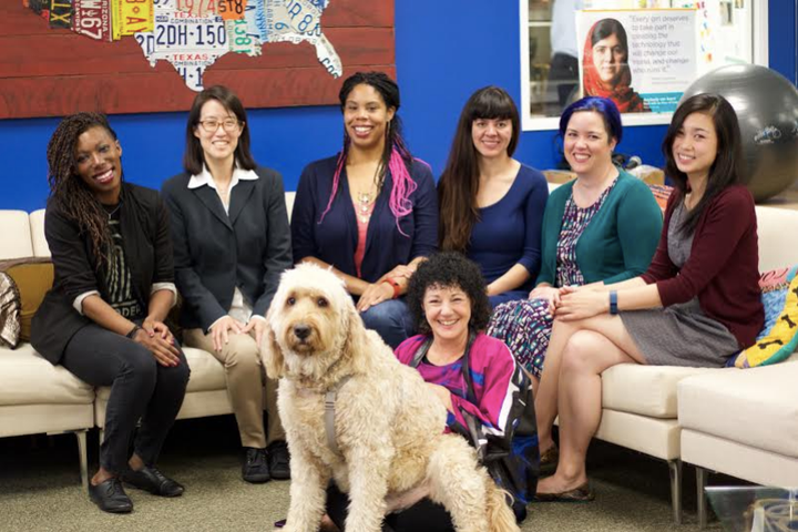 The women of Project Include from left to right (top): Y-Vonne Hutchinson, Ellen Pao, Erica Joy Baker, Laura Gomez, bethany McKinney Blount, Tracy Chou and (front) Freada Kapor Klein with her dog, Dudley. Susan Wu, the group's eighth member, is not pictured.