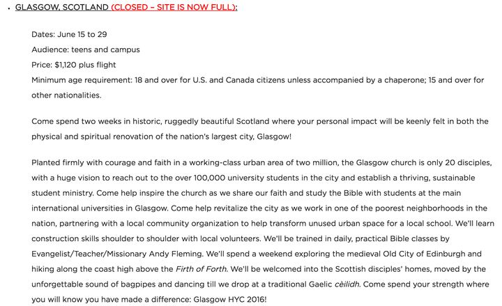 The Glasgow mission description on the HOPE Worldwide website