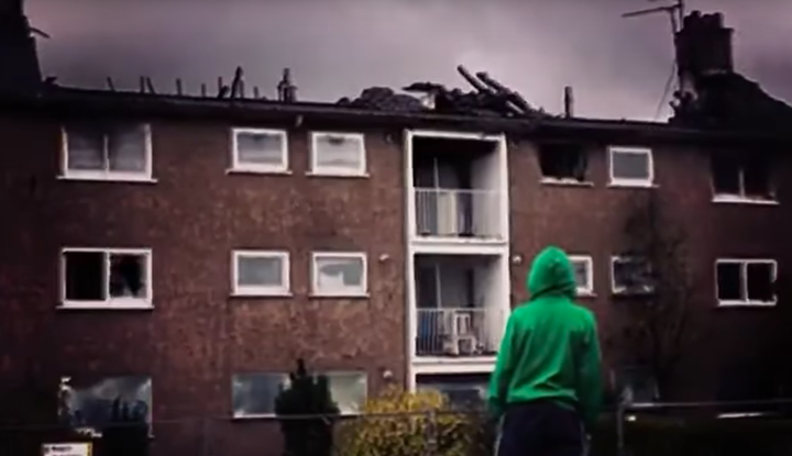 Images of deprivation, including this picture of a burnt out block of flats, revolve dramatically in the film