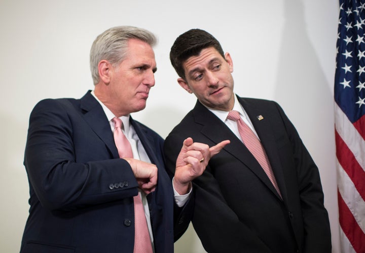 House Majority Leader Kevin McCarthy (R-Calif.) and Speaker of the House Paul Ryan (R-Wis.) talk during the House GOP leaders