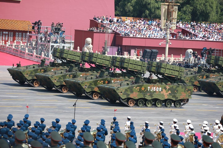 Military vehicles carrying anti-tank missiles drive across Tiananmen Square at a military parade in Beijing. The country's army currently has over 2 million members.