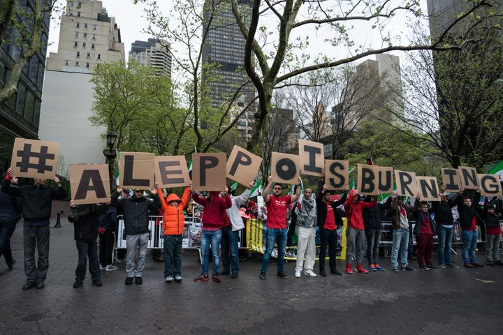 Syrian-Americans protest the violence in Aleppo in New York. Dozens have been killed during intense battles in the city. 