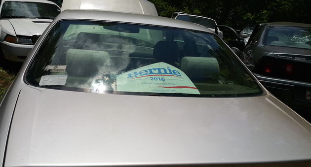 Cassandra McWade's car, with a clearly visible Bernie Sanders