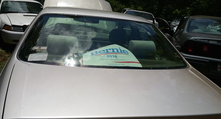 Cassandra McWade's car, with a clearly visible Bernie Sanders sign.