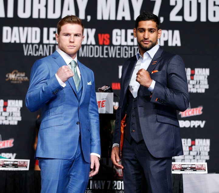 Amir Khan, right, has taken a jab at Donald Trump's policies ahead of his world title clash with Canelo Alvarez, left