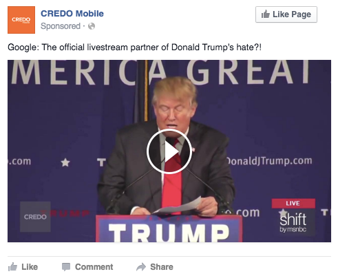 CREDO Action is targeting Google employees with this Facebook ad.<i></i>