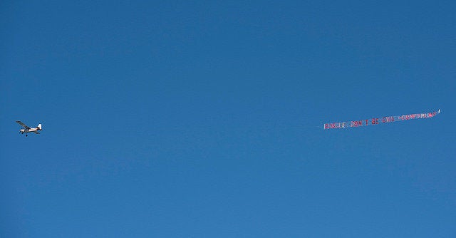 Progressive groups sponsored a banner flyover targeting Google on April 28. The message on the banner was: "Google: Don't be evil. #DumpTrump."