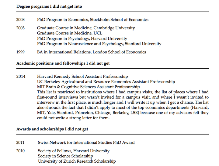 An excerpt of professor Johannes Haushofer's "CV of Failures." The resume is an impressive list of all the prestigious programs, fellowships and awards for which Haushofer applied but did not get.