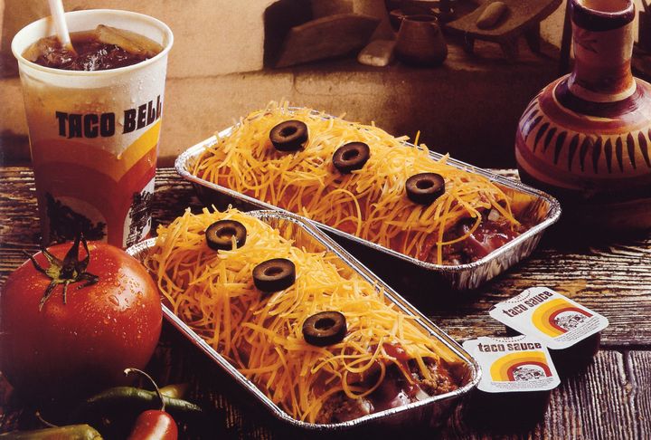 The original Taco Bell Enchirito had three black olives on top and came in a signature foil tin. 