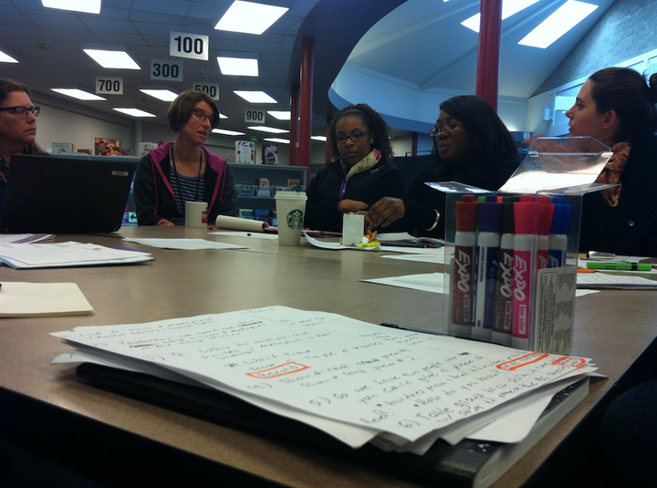 From left, fifth-grade teacher Margaret Paulk and resource room teacher Zoe Leverson, both of Adams Elementary School, discuss how to nurture collaborative relationships among teaching staff.