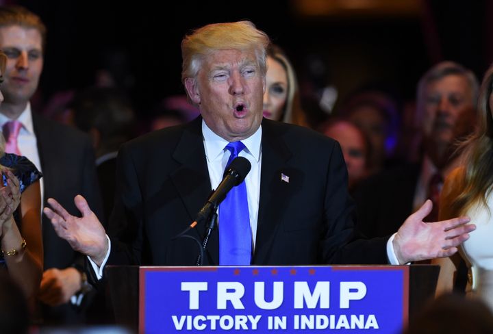 Presumptive GOP presidential nominee Donald Trump speaks in New York on May 3, 2016, following the Indiana primary.