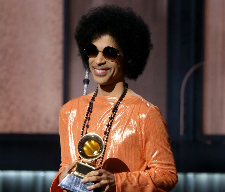 Prince speaks onstage during the Grammy Awards in 2015 in Los Angeles.