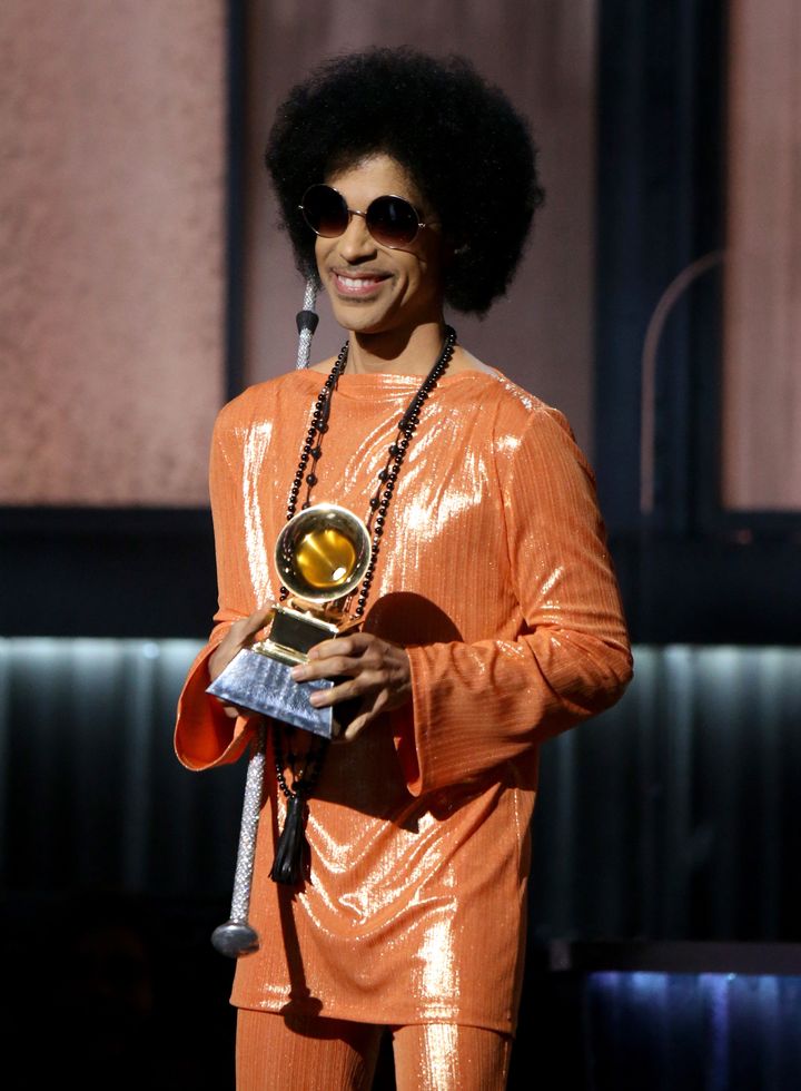 Prince speaks onstage during the Grammy Awards in 2015 in Los Angeles.