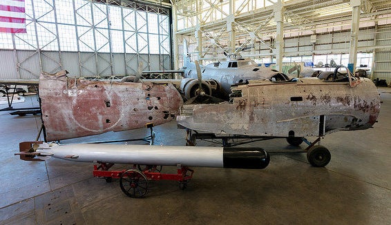 The outer wing (left) and forward fuselage (right) of the Nakajima B5N "Kate," which is now on display at Hawaii's Pacific Aviation Museum.