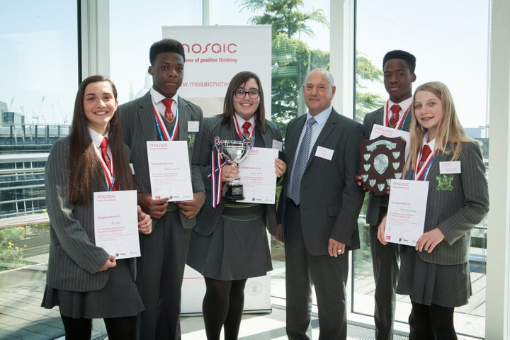 From left-to-right: Elif Sucu, 16, Matthew Daniel, 16, Daisie Spiteri, 15, Mark Daniel, 16 and Agnieszka Rudnik, 16, with 'Apprentice' aide Claude Littner