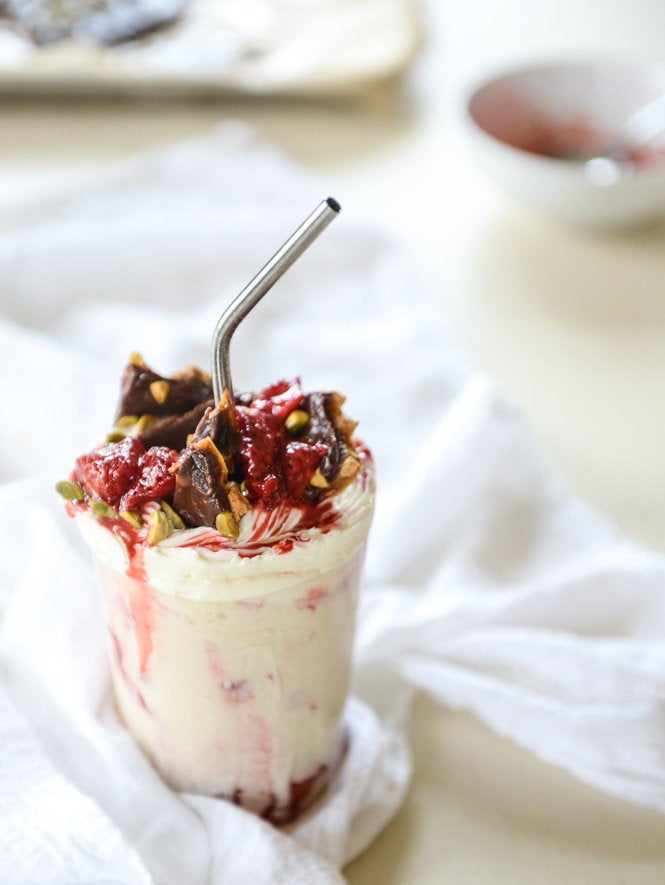 Roasted Strawberry Milkshakes With Chocolate Pistachio Brittle