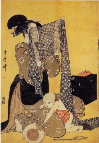 Kitagawa Utamaro,"Woman inspecting silk"